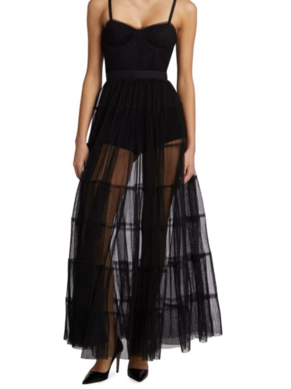 Alice + Olivia Black Spaghetti-Strap Tulle Maxi Dress